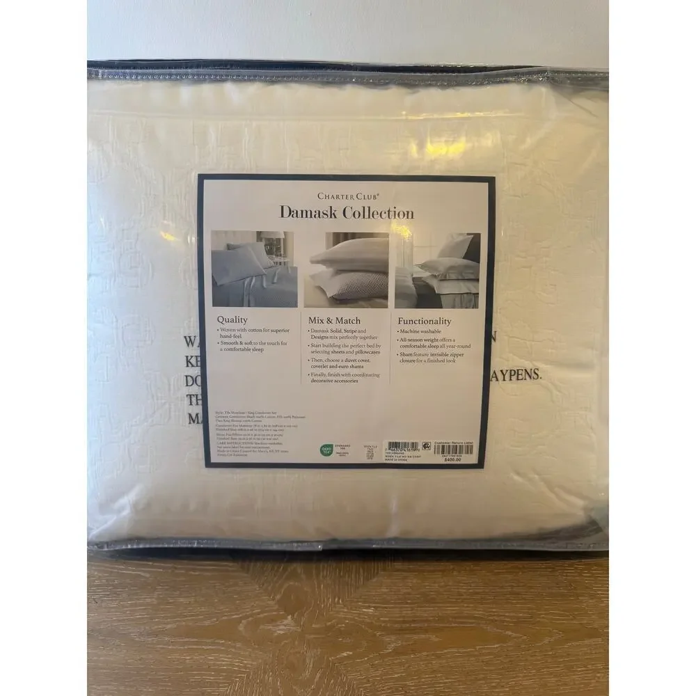 Charter Club Damask King Comforter Set White 3 Pc Cotton Blend NEW $400